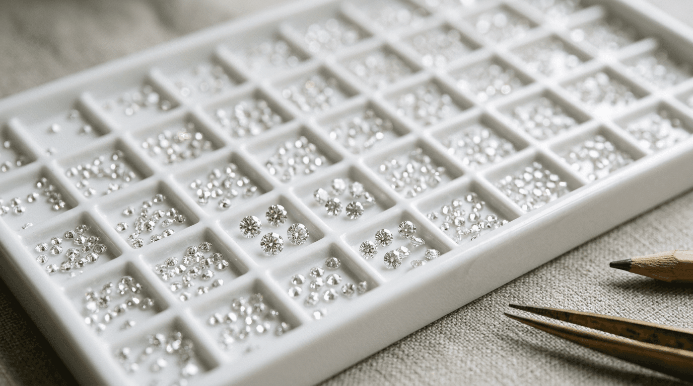 Natural diamond melee arranged in precise rows on a dark surface under soft studio lighting.